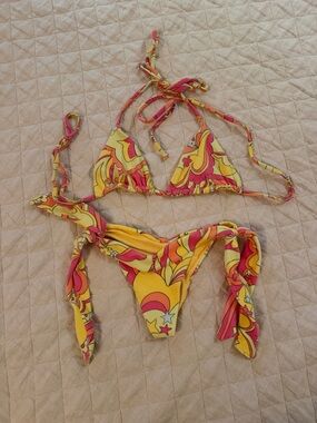 Frankie’s Bikinis Terry Yellow & Pink Swirl String Bikini Two-Piece